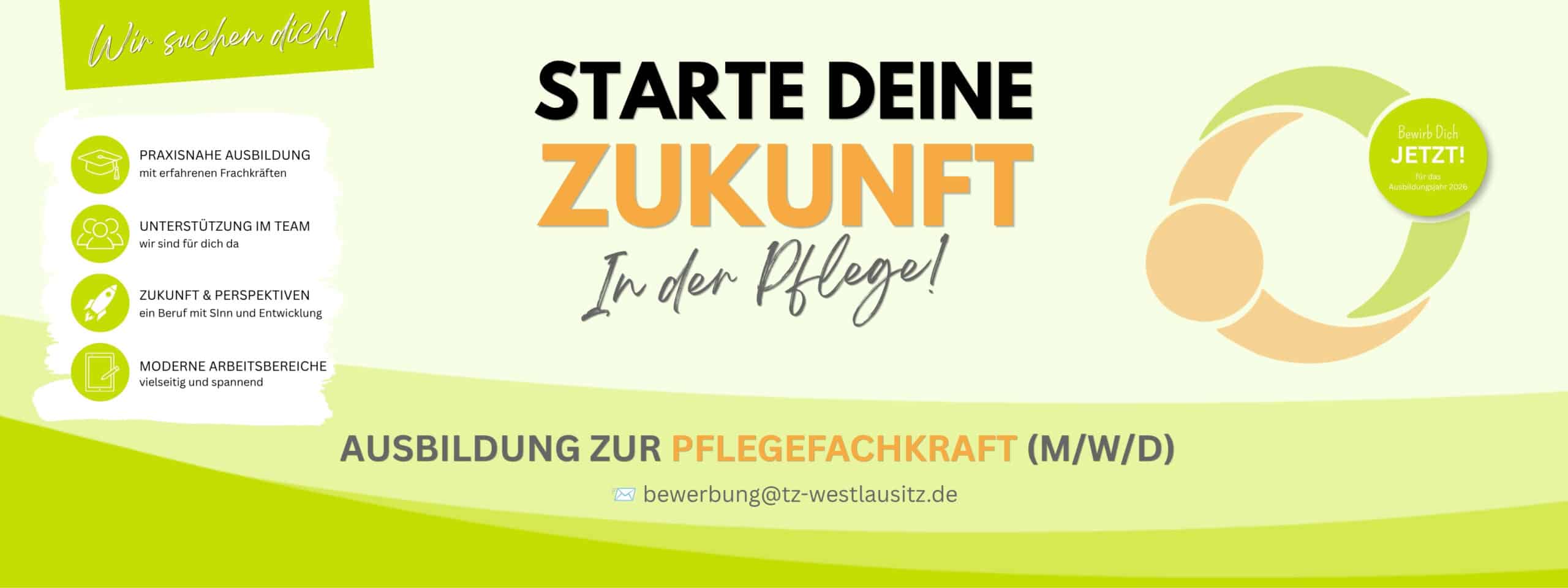 Infobanner zu Ausbildung in der Pflege: Starte deine Zukunft in der Pflege. Ausbildung zur Pflegefachkraft (m/w/d). Wir suchen dich!